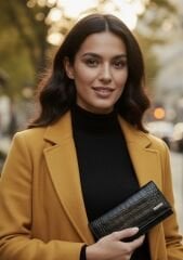 Noxe Model Hakiki Deri Kadın Orta Boy Cüzdan KROKO SİYAH